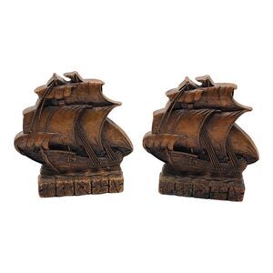 VTG Set Bookend Clipper Tall Ship Carved Orna Wood Syroco Brown Orange Nautical